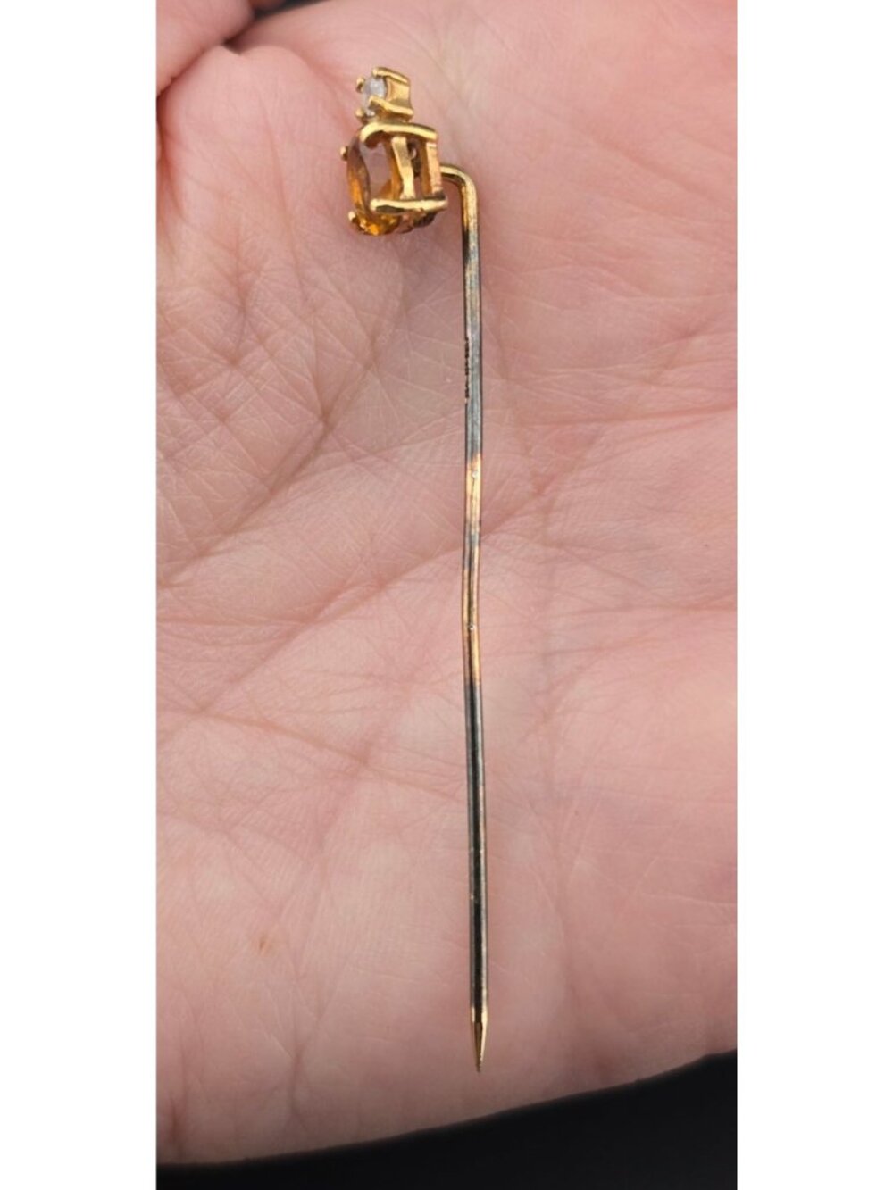 Vintage Sterling Silver Stick Pin With Citrine And Rhinestone 2.25" - Picture 4 of 8
